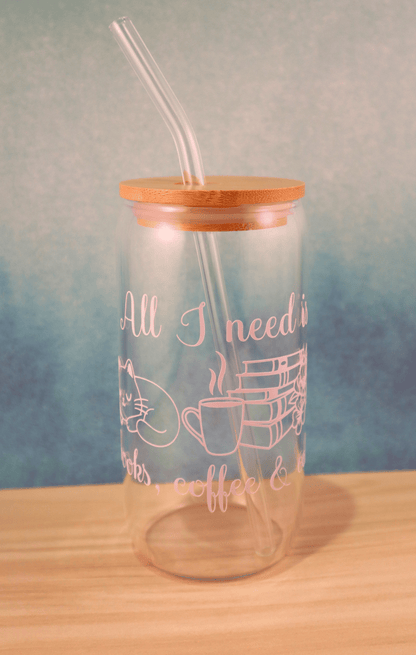 Glass Tumbler Books, Coffee & Cats