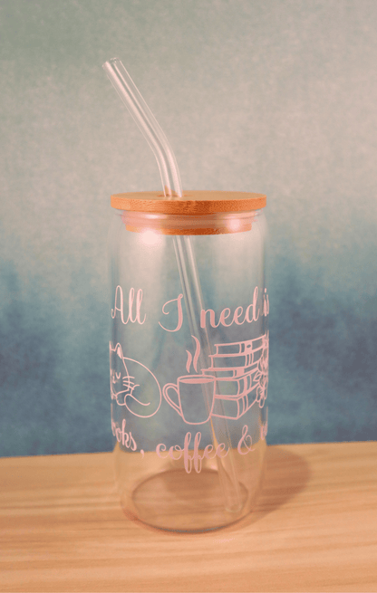 Glass Tumbler Books, Coffee & Cats