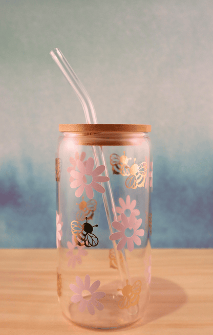 Glass Tumbler Daisies & Bees