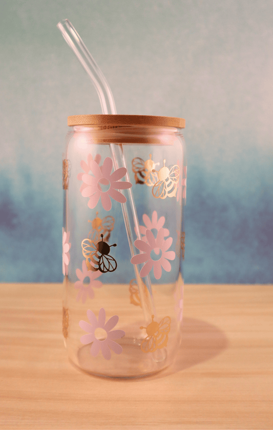 Glass Tumbler Daisies & Bees