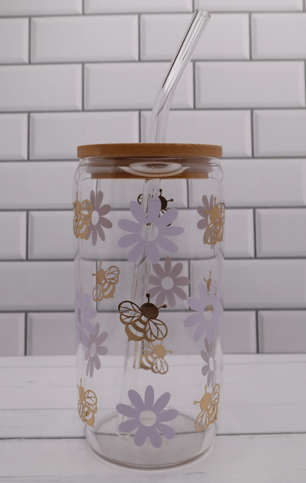 Glass Tumbler Daisies & Bees