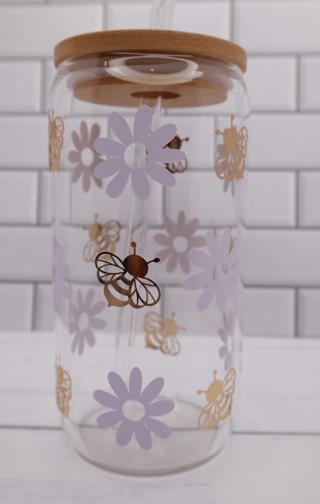 Glass Tumbler Daisies & Bees